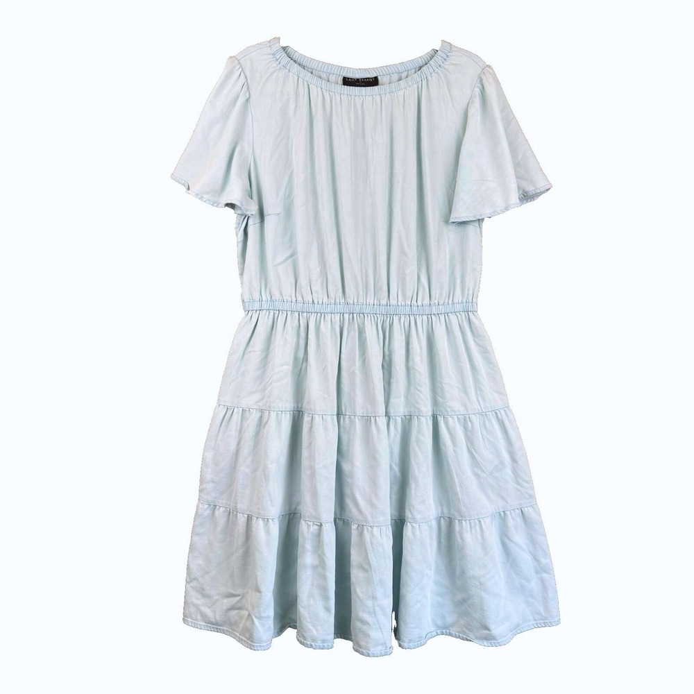Lane Bryant Chambray Babydoll Dress Size 14 Blue Tiered Ruffle Belted Pockets - Picture 4 of 13